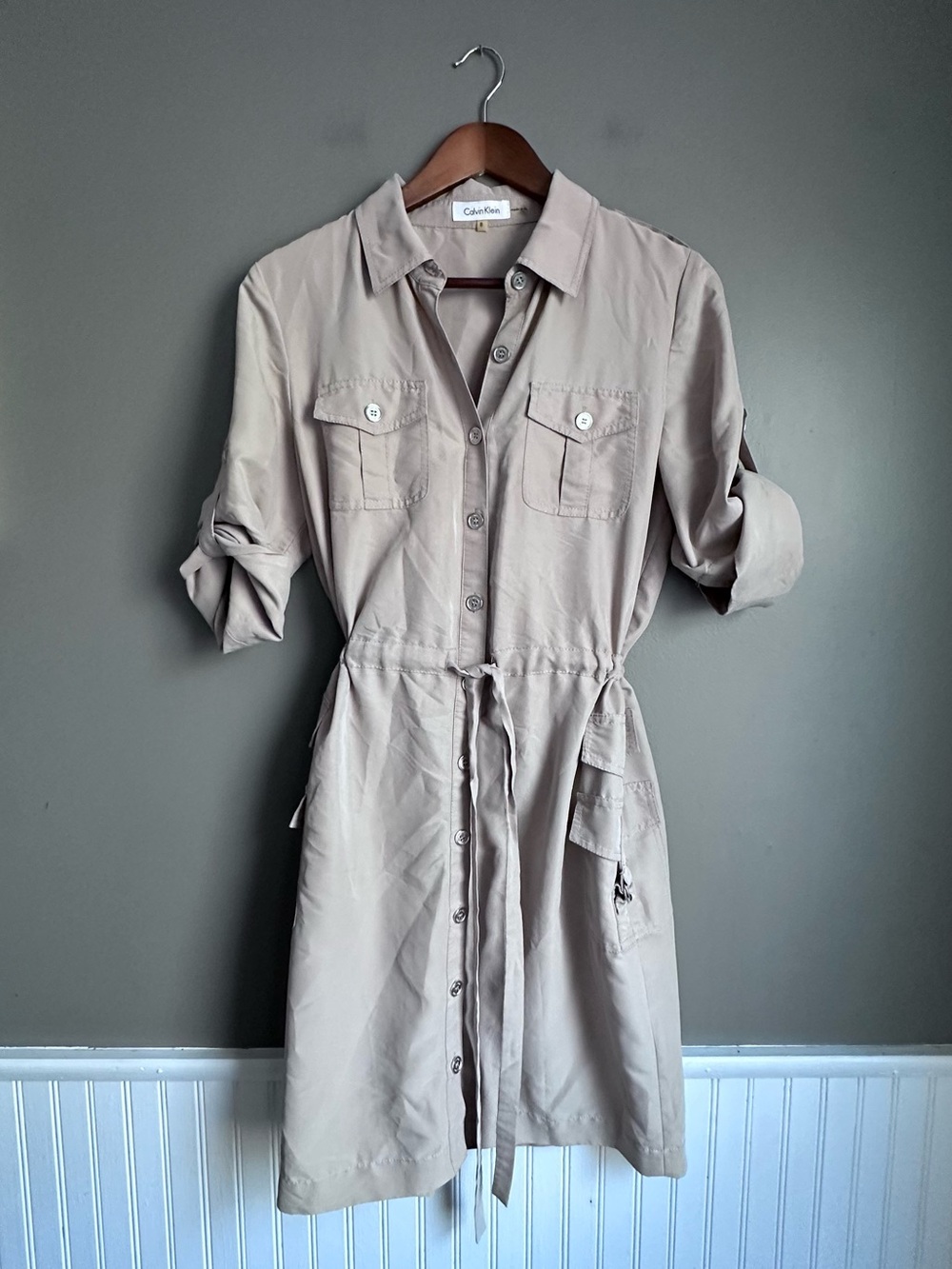 Calvin Klein Tan Beige Button Down Shirt Dress Size 8 Collared Tie Waist Pockets